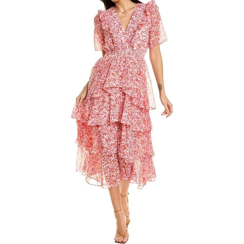 Hale Bob Chiffon Coral Elastic Waistband Coral Maxi Tiered Dress L MSRP $250 NEW